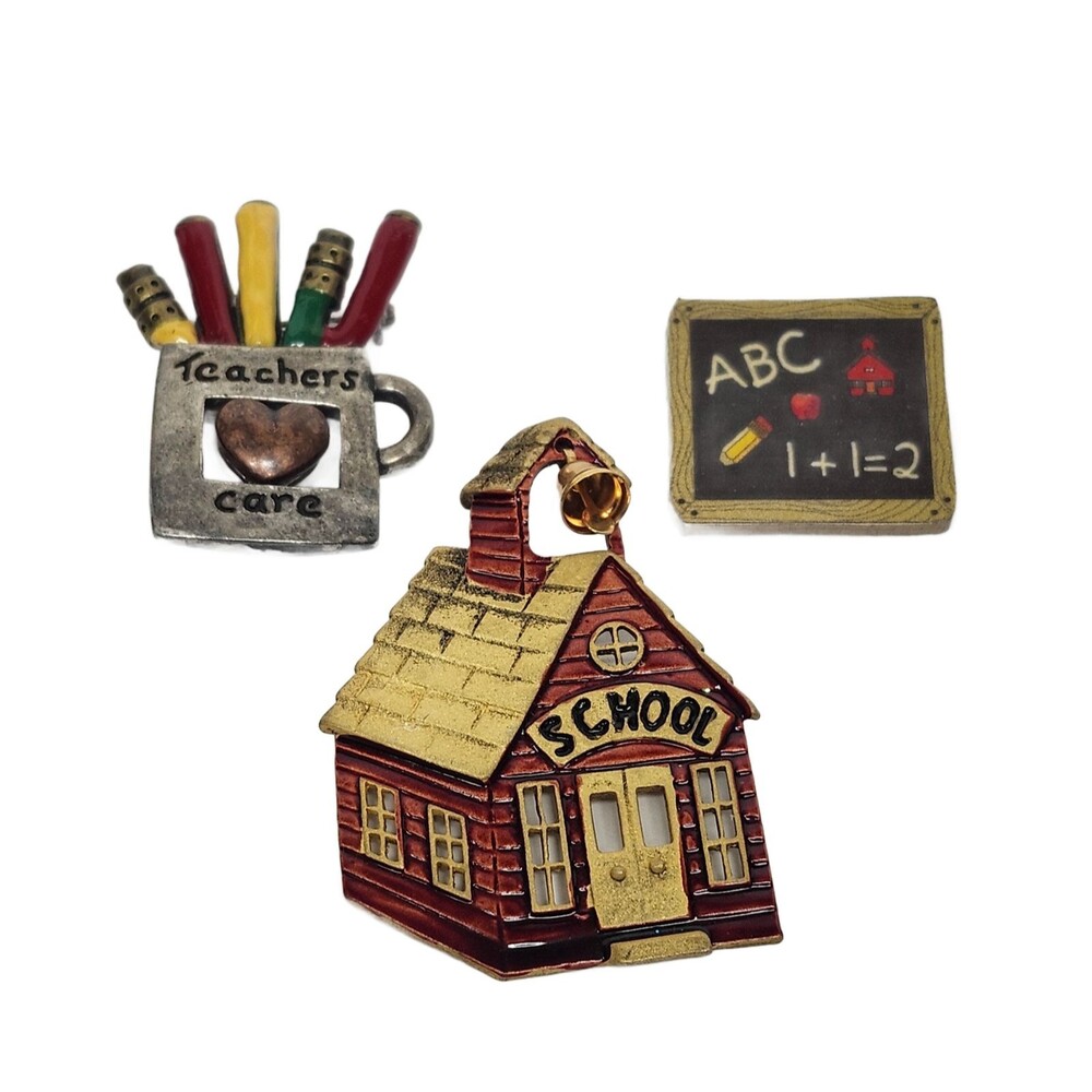 Teacher Schoolhouse Blackboard Pins Lot of 3 "Teachers Care" Education Theme